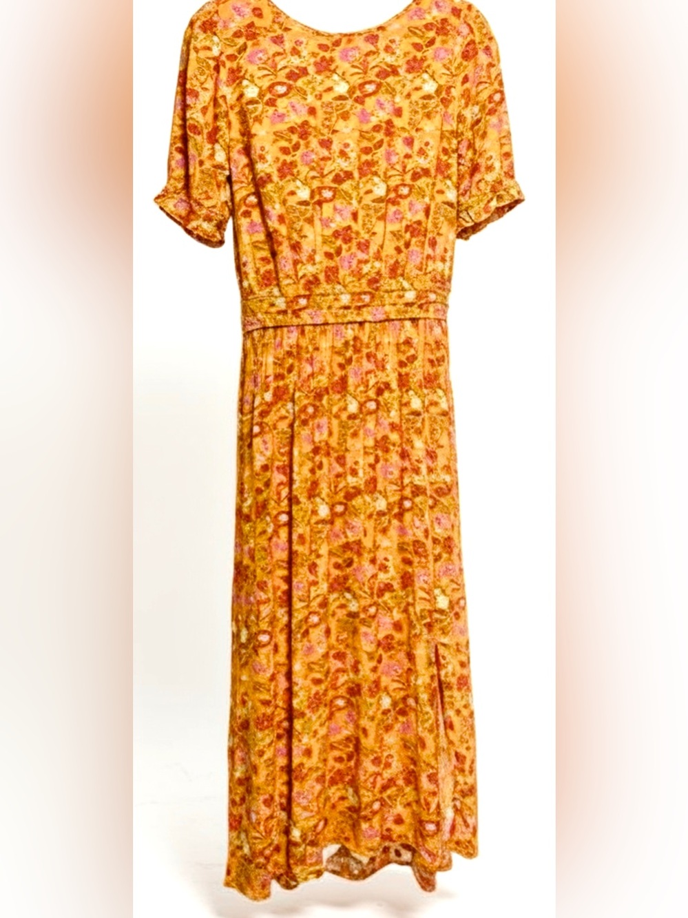 LOFT -Size M -Low Back Midi Dress, Cotton Feel Yellow With Pinted Floral Design
